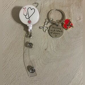 New Badge Reel Keychain Set nursing is a work of heart/stethoscope RN LPN Nurse